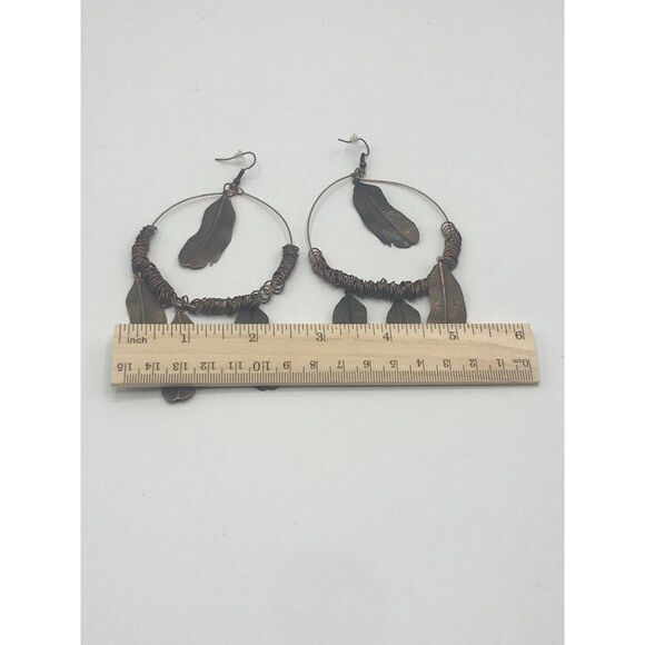Boho Tribal copper feather hoop dangle French hook statement earrings. - Picture 7 of 7